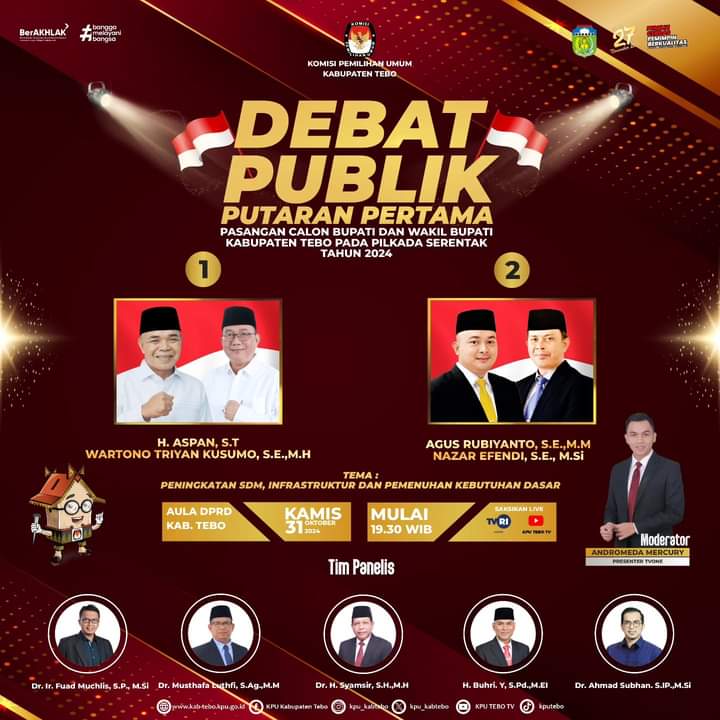 KPU Tebo Akan Menggelar Debat Kandidat Pilkada Pertama 2024 Dengan Tema: PENINGKATAN SDM, INFRASTRUKTUR DAN PEMENUHAN KEBUTUHAN DASAR