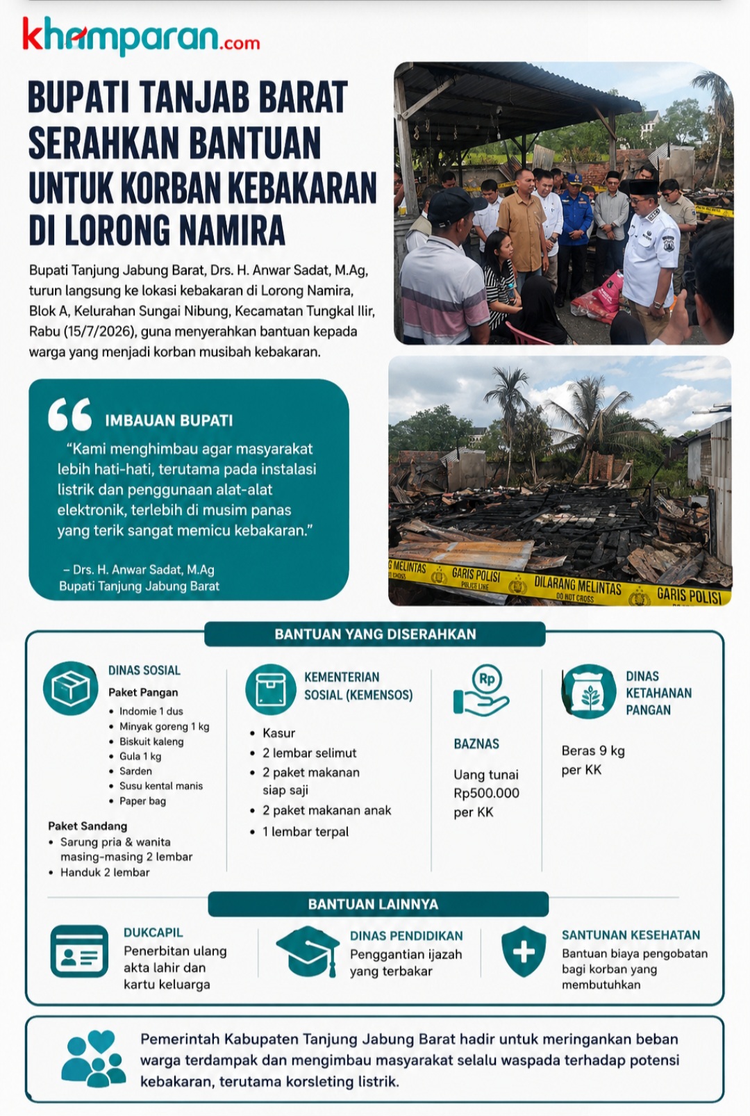 BUPATI TANJAB BARAT SERAHKAN BANTUAN KEBAKARAN DI LORONG NAMIRA