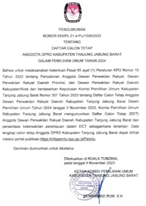KPU Resmi Umumkan DCT Anggota DPRD Tanjabbar di Pemilu 2024, Berikut Daftarnya